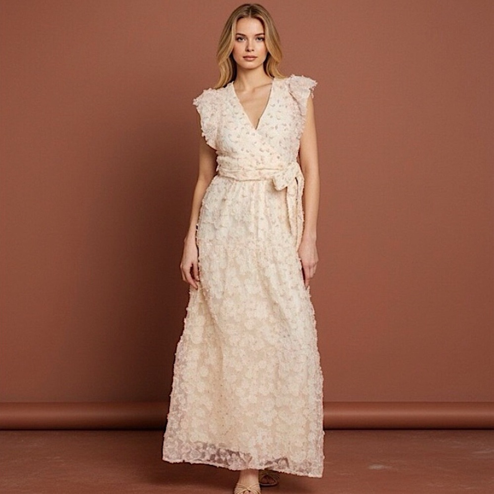 Flora Bea Dress Porsha Cream & Pink Floral Lace Maxi Dress Size S • NEW •